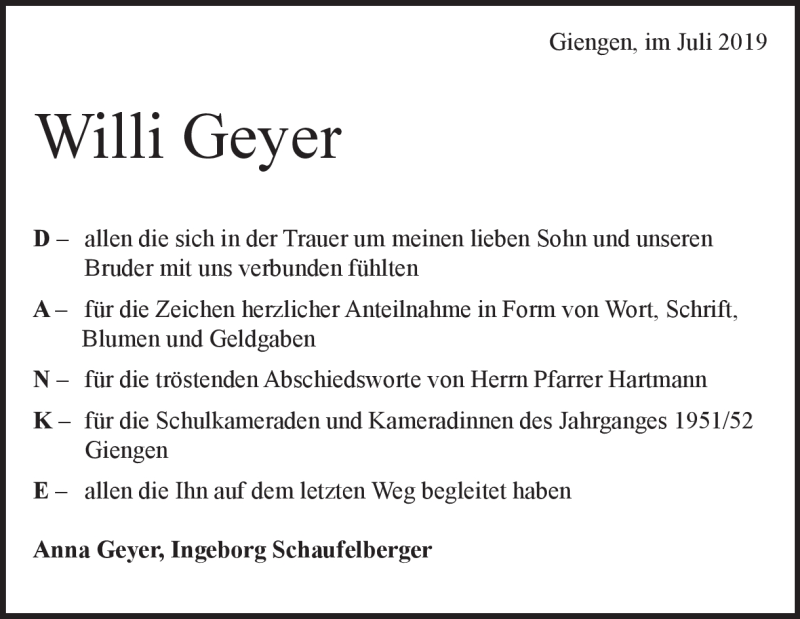  Traueranzeige für Willi  Geyer vom 09.07.2019 aus Heidenheimer Zeitung