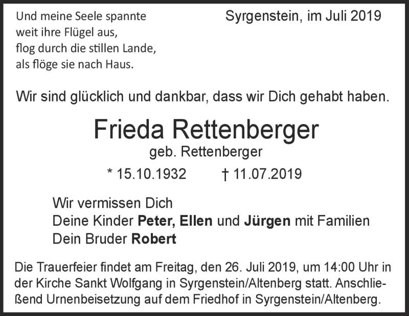  Traueranzeige für Frieda Rettenberger vom 22.07.2019 aus Heidenheimer Zeitung