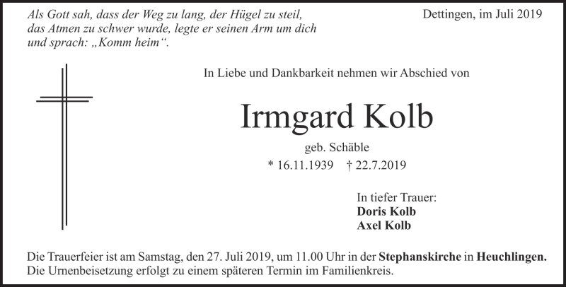  Traueranzeige für Irmgard Kolb vom 24.07.2019 aus Heidenheimer Zeitung