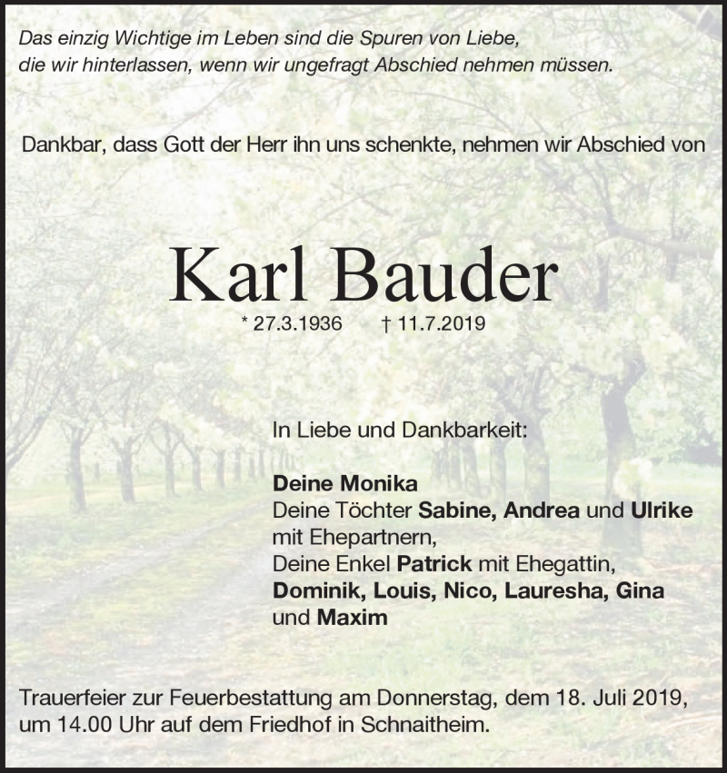  Traueranzeige für Karl Bauder vom 15.07.2019 aus Heidenheimer Zeitung