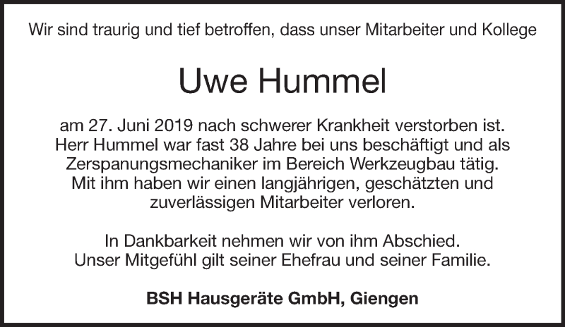  Traueranzeige für Uwe Hummel vom 12.07.2019 aus 