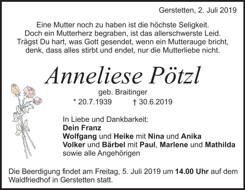  Traueranzeige für Anneliese Pötzl vom 02.07.2019 aus Heidenheimer Zeitung
