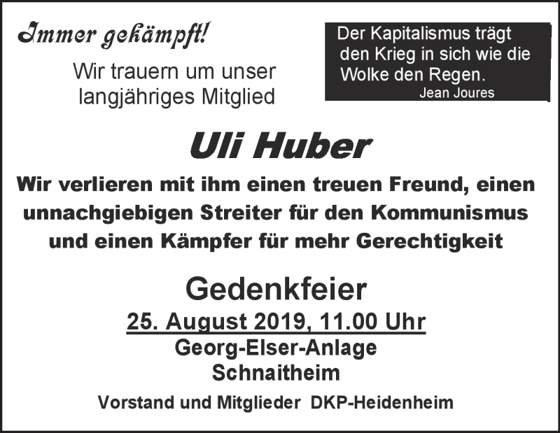  Traueranzeige für Ulrich Huber vom 15.08.2019 aus Heidenheimer Zeitung