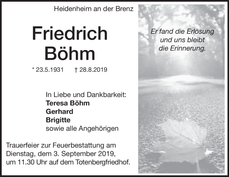  Traueranzeige für Friedrich Böhm vom 31.08.2019 aus Heidenheimer Zeitung