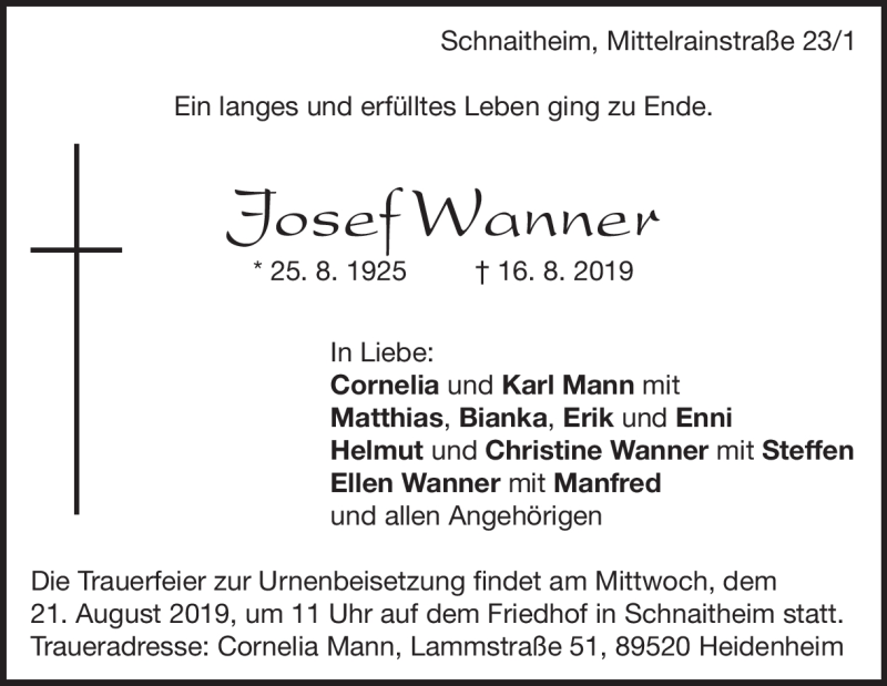  Traueranzeige für Josef Wanner vom 20.08.2019 aus Heidenheimer Zeitung