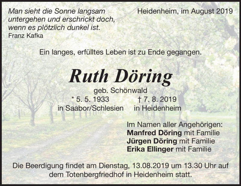  Traueranzeige für Ruth Döring vom 10.08.2019 aus Heidenheimer Zeitung