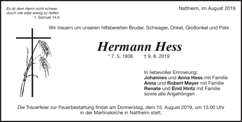  Traueranzeige für Hermann Hess vom 13.08.2019 aus Heidenheimer Zeitung
