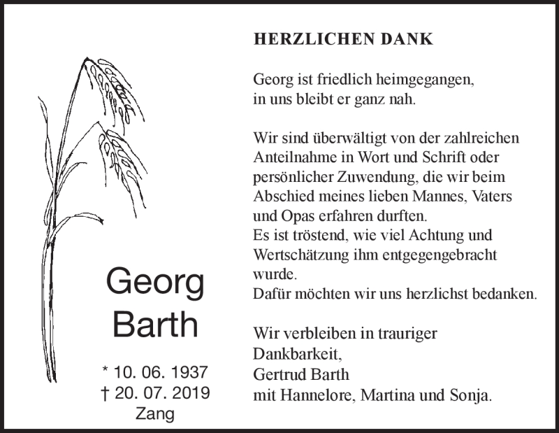  Traueranzeige für Georg Barth vom 10.08.2019 aus Heidenheimer Zeitung