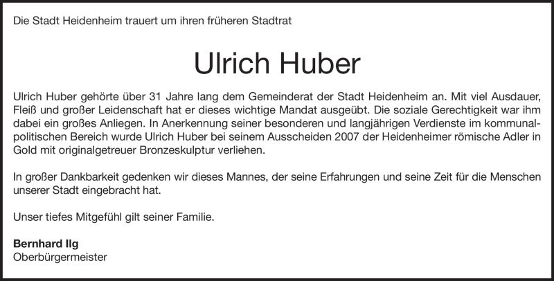  Traueranzeige für Ulrich Huber vom 14.08.2019 aus Heidenheimer Zeitung