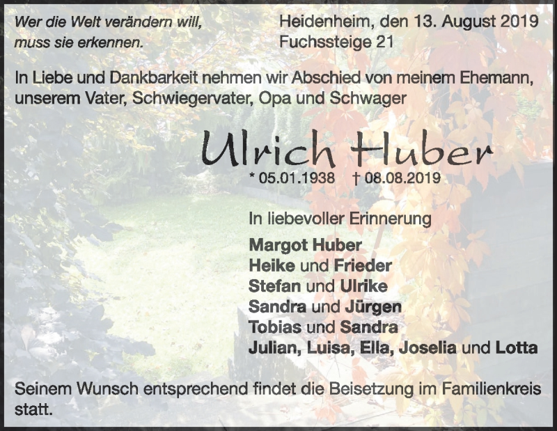  Traueranzeige für Ulrich Huber vom 13.08.2019 aus Heidenheimer Zeitung