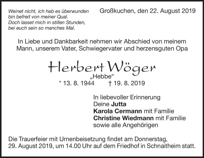  Traueranzeige für Herbert Wöger vom 22.08.2019 aus Heidenheimer Zeitung