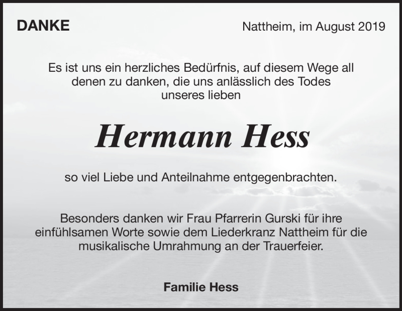  Traueranzeige für Hermann Hess vom 31.08.2019 aus Heidenheimer Zeitung