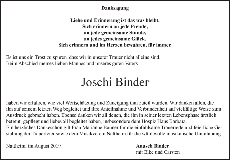  Traueranzeige für Josef Binder vom 02.08.2019 aus Heidenheimer Zeitung
