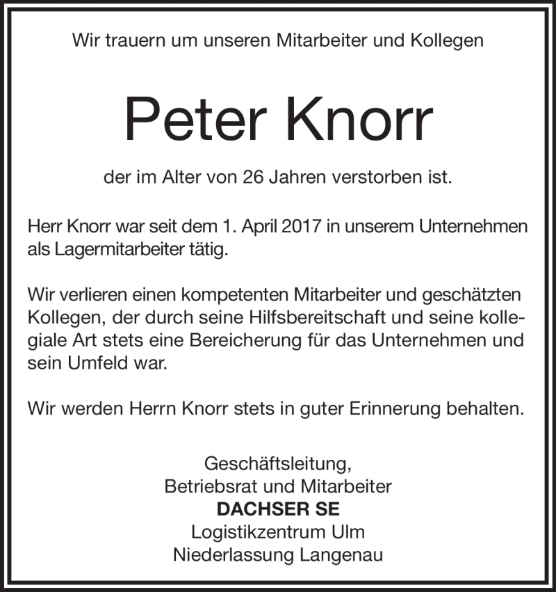  Traueranzeige für Peter Knorr vom 14.08.2019 aus Heidenheimer Zeitung
