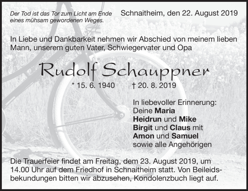  Traueranzeige für Rudolf Schauppner vom 22.08.2019 aus Heidenheimer Zeitung