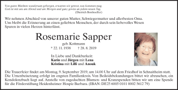 Traueranzeige von Rosemarie Sapper von Heidenheimer Zeitung