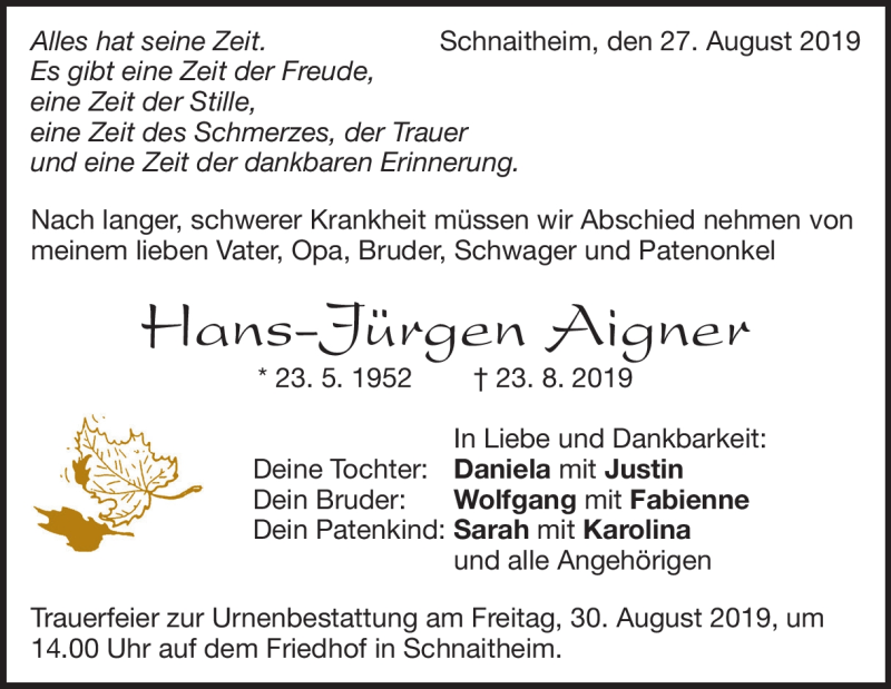  Traueranzeige für Hans-Jürgen Aigner vom 27.08.2019 aus Heidenheimer Zeitung