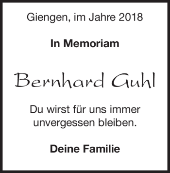 Traueranzeige von Bernhard Guhl von Heidenheimer Zeitung