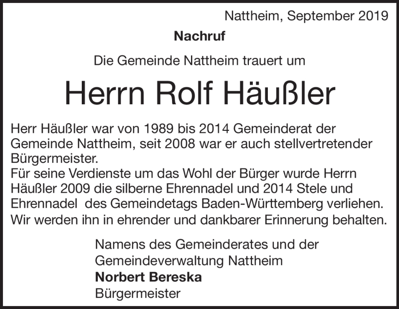  Traueranzeige für Rolf Häußler vom 21.09.2019 aus Heidenheimer Zeitung