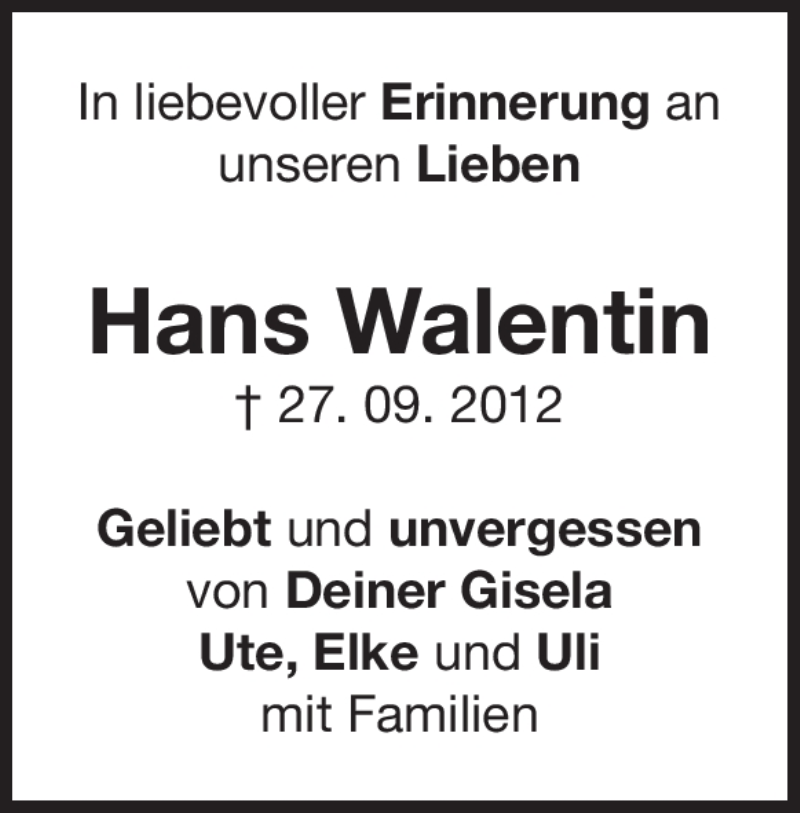  Traueranzeige für Hans Walentin vom 28.09.2019 aus Heidenheimer Zeitung