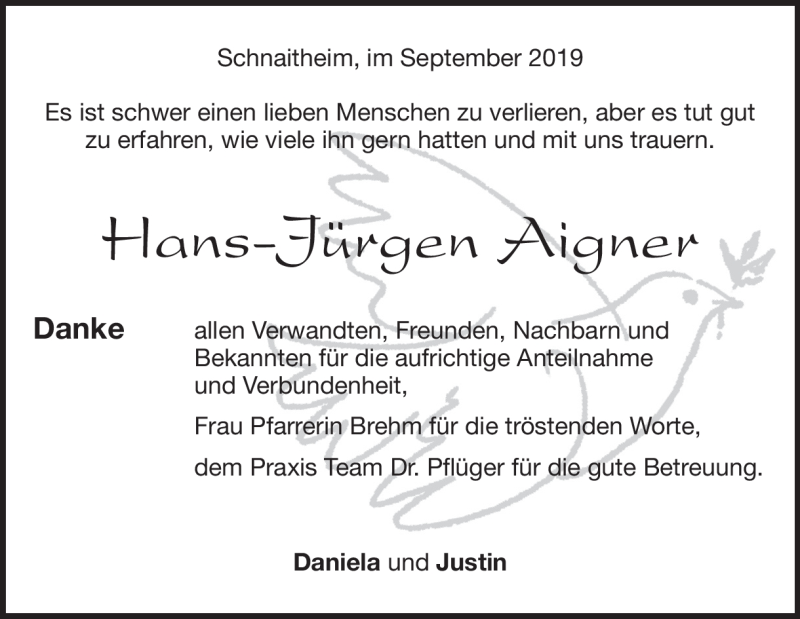  Traueranzeige für Hans-Jürgen Aigner vom 09.09.2019 aus Heidenheimer Zeitung