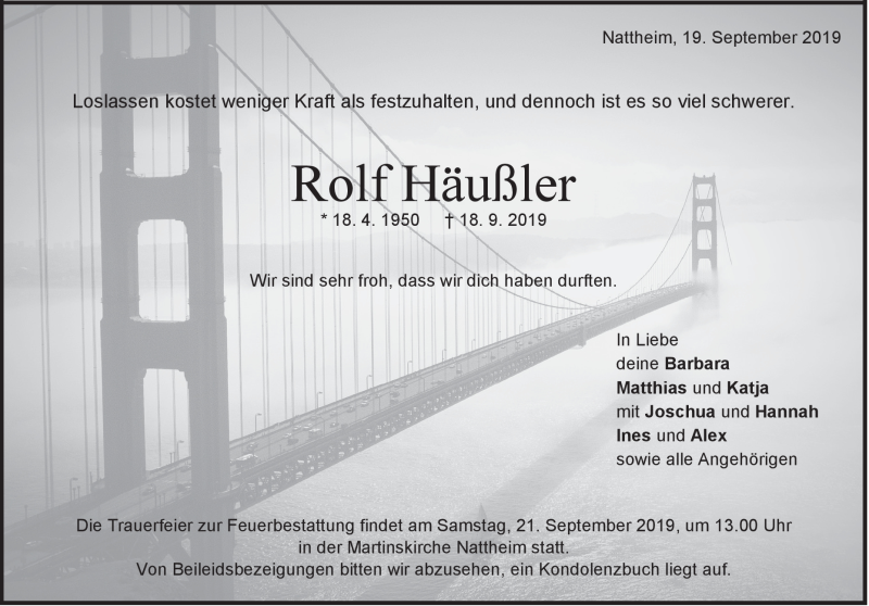 Traueranzeige für Rolf Häußler vom 19.09.2019 aus Heidenheimer Zeitung