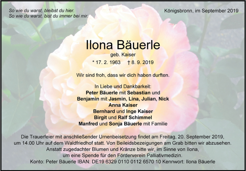 Traueranzeige für Ilona Bäuerle vom 17.09.2019 aus 