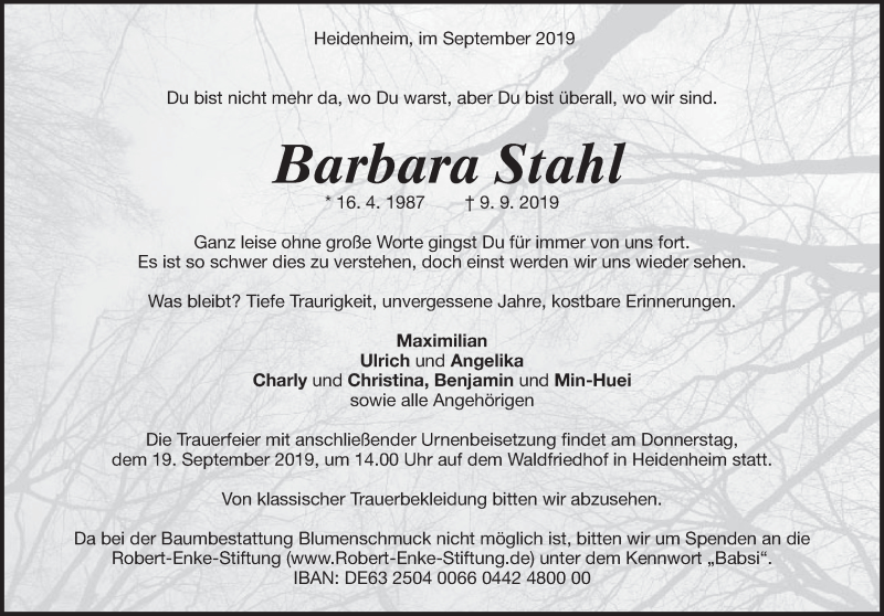  Traueranzeige für Barbara Stahl vom 17.09.2019 aus 
