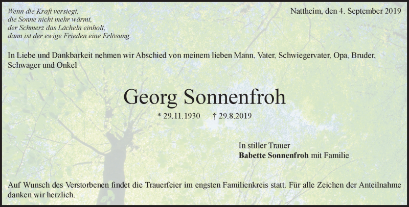  Traueranzeige für Georg Sonnenfroh vom 04.09.2019 aus Heidenheimer Zeitung