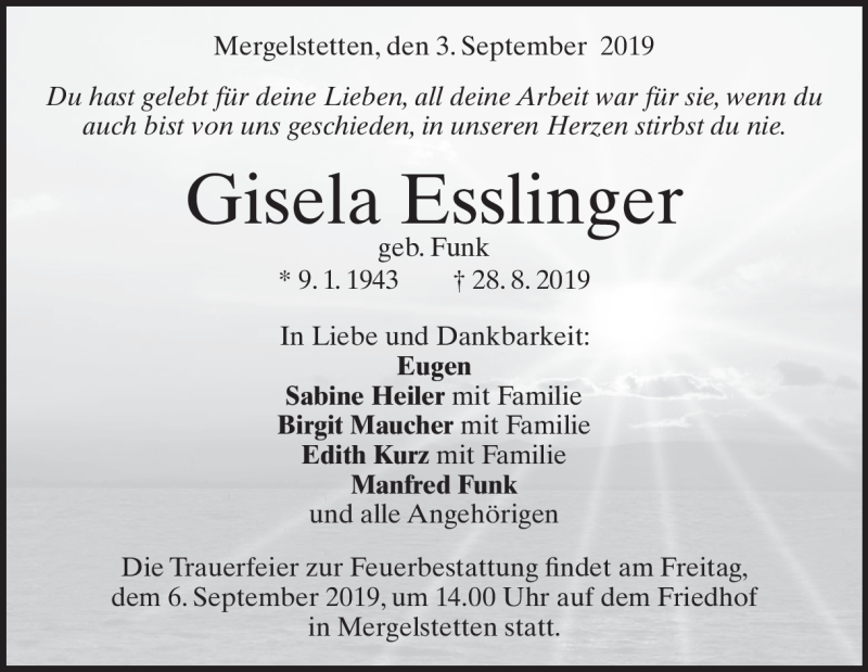  Traueranzeige für Gisela  Esslinger vom 03.09.2019 aus Heidenheimer Zeitung