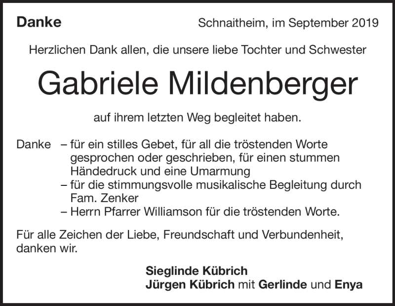 Traueranzeige für Gabriele Mildenberger vom 18.09.2019 aus Heidenheimer Zeitung