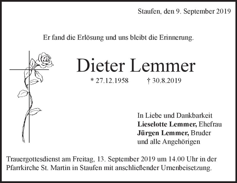  Traueranzeige für Dieter Lemmer vom 09.09.2019 aus Heidenheimer Zeitung