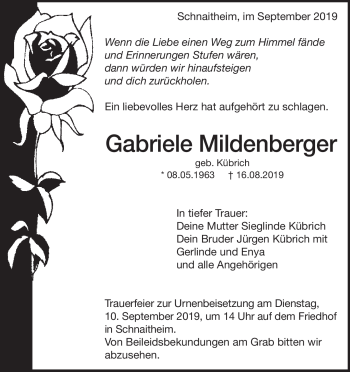 Traueranzeige von Gabriele Mildenberger von Heidenheimer Zeitung