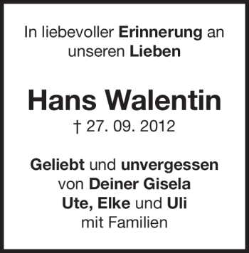 Traueranzeige von Hans Walentin von Heidenheimer Zeitung