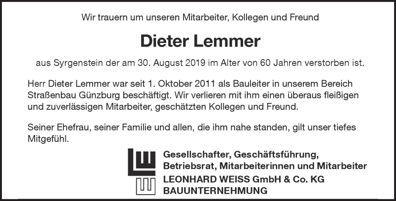  Traueranzeige für Dieter Lemmer vom 11.09.2019 aus Heidenheimer Zeitung