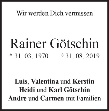 Traueranzeige von Rainer Götschin von Heidenheimer Zeitung
