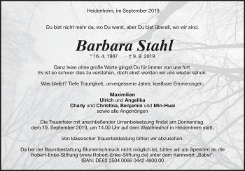 Traueranzeige von Barbara Stahl 