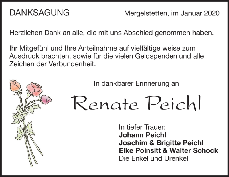  Traueranzeige für Renate Peichl vom 16.01.2020 aus Heidenheimer Zeitung