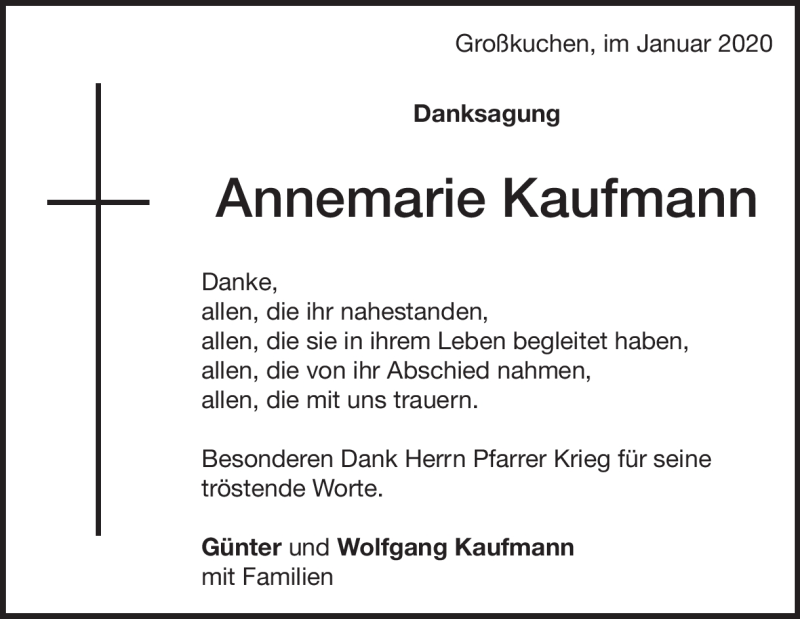  Traueranzeige für Annemarie  Kaufmann vom 08.01.2020 aus Heidenheimer Zeitung