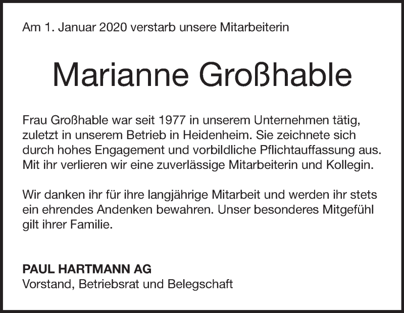  Traueranzeige für Marianne Großhable vom 10.01.2020 aus Heidenheimer Zeitung
