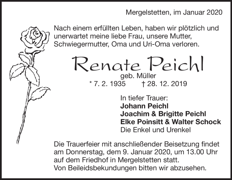  Traueranzeige für Renate Peichl vom 04.01.2020 aus Heidenheimer Zeitung