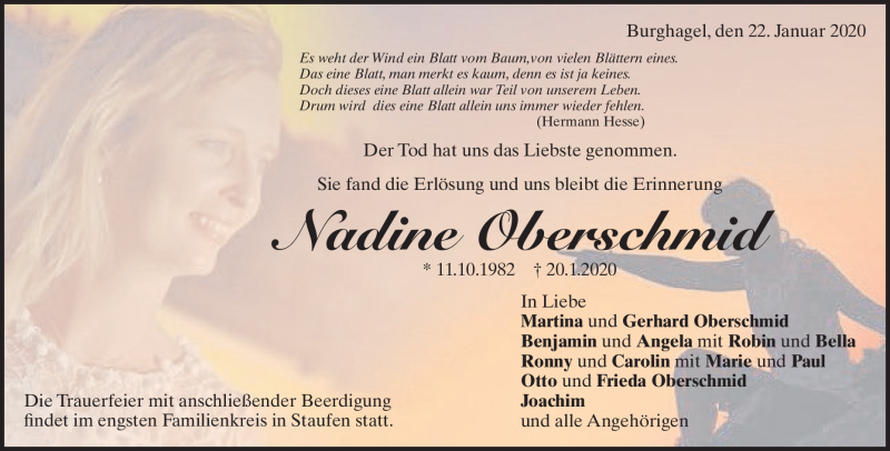  Traueranzeige für Nadine Oberschmid vom 22.01.2020 aus Heidenheimer Zeitung