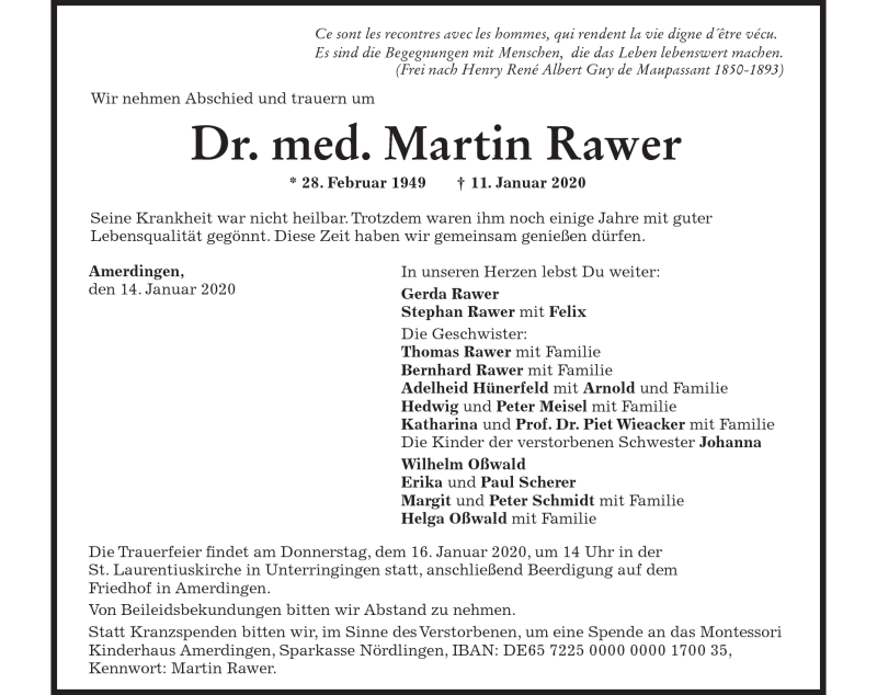  Traueranzeige für Dr. med. Martin Rawer vom 14.01.2020 aus Heidenheimer Zeitung