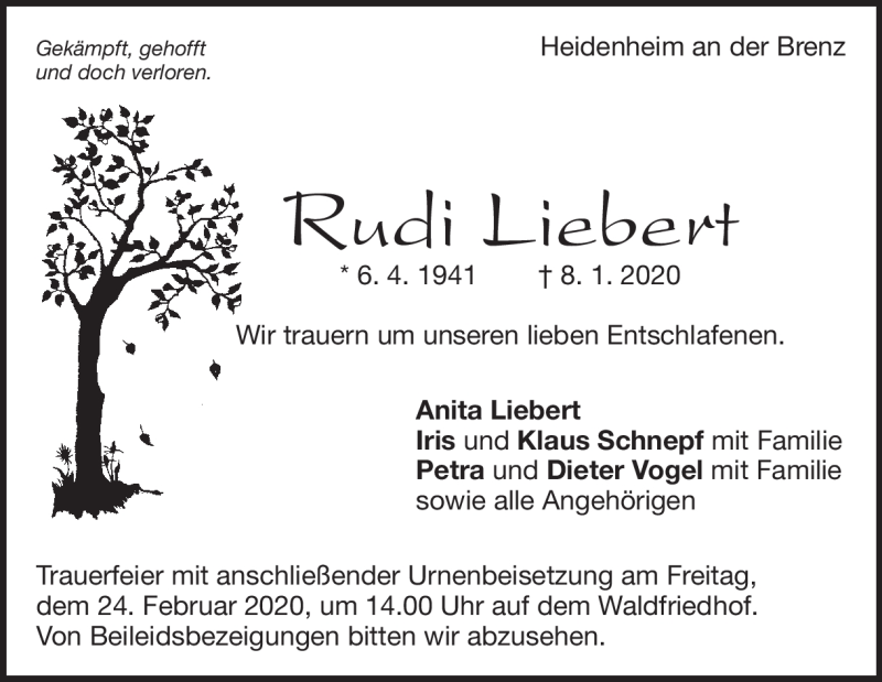  Traueranzeige für Rudi Liebert vom 14.01.2020 aus Heidenheimer Zeitung