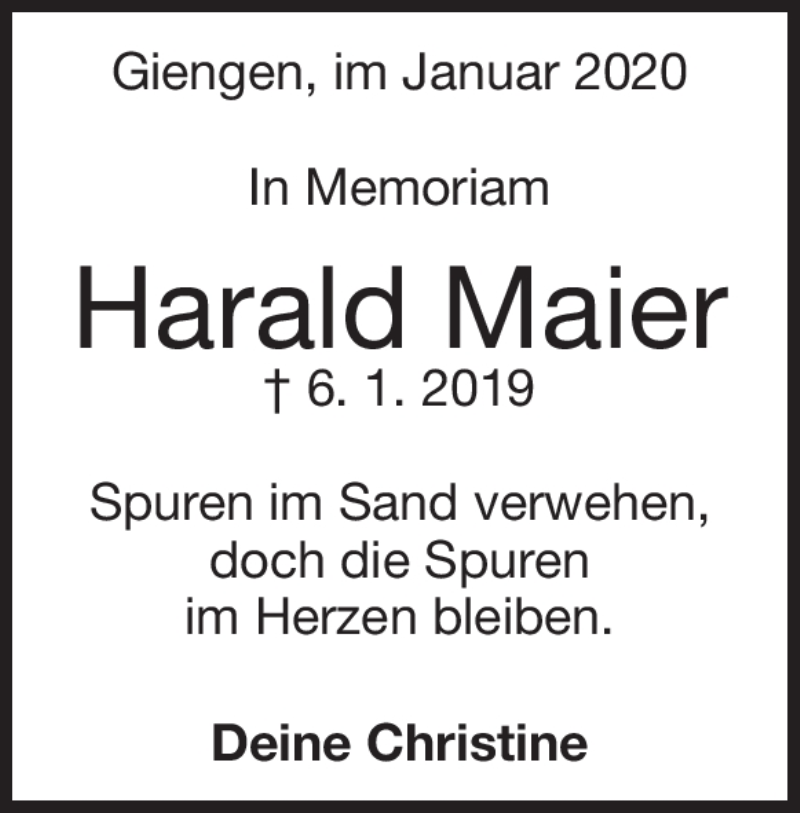  Traueranzeige für Harald Maier vom 04.01.2020 aus Heidenheimer Zeitung