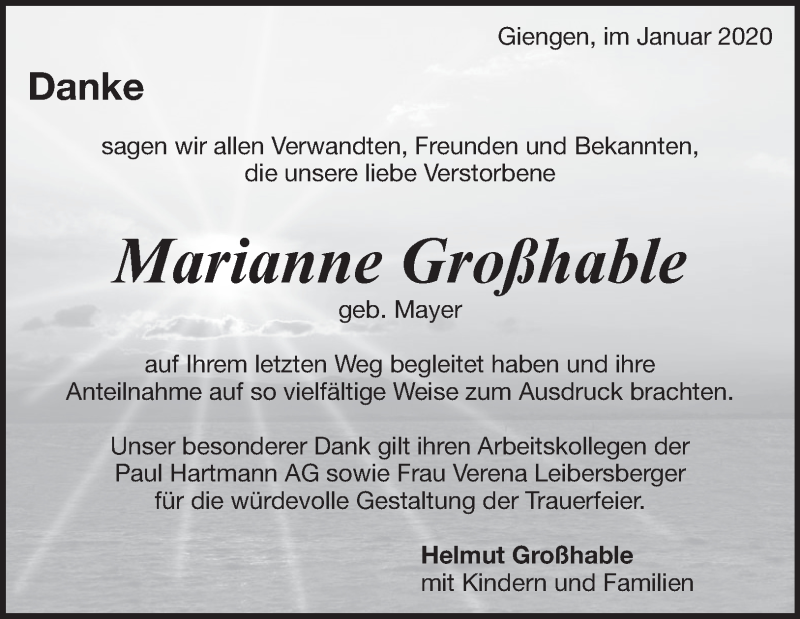  Traueranzeige für Marianne Großhable vom 22.01.2020 aus Heidenheimer Zeitung