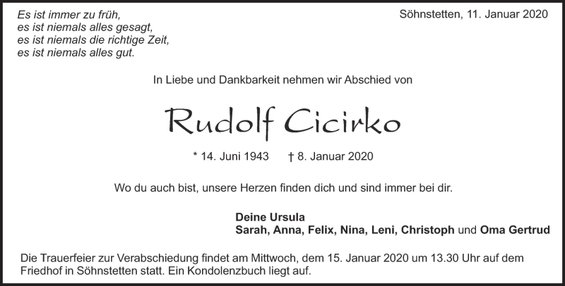  Traueranzeige für Rudolf Cicirko vom 11.01.2020 aus Heidenheimer Zeitung