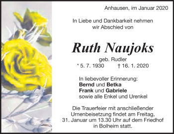 Traueranzeige von Ruth Naujoks von Heidenheimer Zeitung