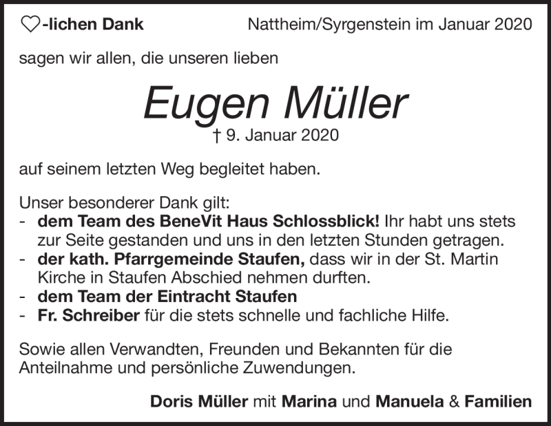  Traueranzeige für Eugen Müller vom 25.01.2020 aus Heidenheimer Zeitung