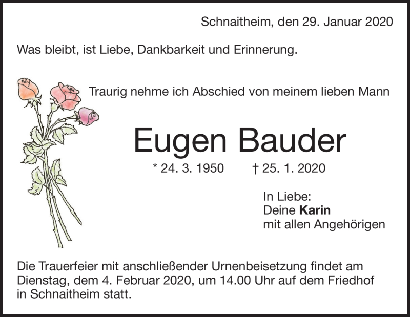  Traueranzeige für Eugen Bauder vom 29.01.2020 aus Heidenheimer Zeitung